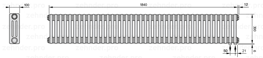 Схема (чертеж) Радиатор Zehnder Charleston 3030/40 №5510 Белый глянцевый RAL 9016